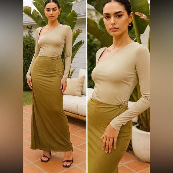 SAEMDI x Free People Olive Mesh Long Sleeve Asymmetrical Maxi Dress Large NWT